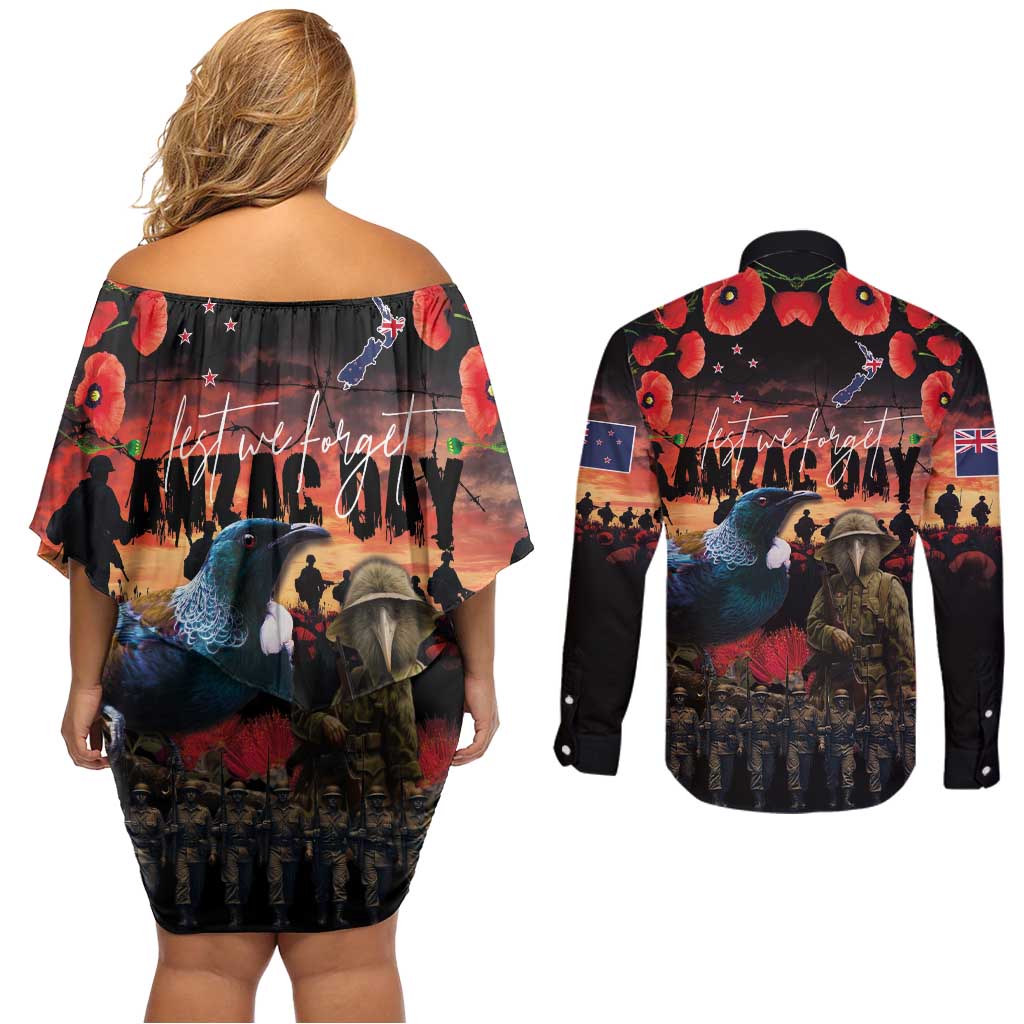 New Zealand ANZAC Day Couples Matching Off Shoulder Short Dress and Long Sleeve Button Shirt Tui Bird and Kiwi Bird Soldier - Forever in My Thoughts LT03 - Polynesian Pride