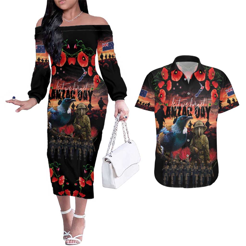 New Zealand ANZAC Day Couples Matching Off The Shoulder Long Sleeve Dress and Hawaiian Shirt Tui Bird and Kiwi Bird Soldier - Forever in My Thoughts LT03 Black - Polynesian Pride