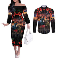 New Zealand ANZAC Day Couples Matching Off The Shoulder Long Sleeve Dress and Long Sleeve Button Shirt Tui Bird and Kiwi Bird Soldier - Forever in My Thoughts LT03 Black - Polynesian Pride