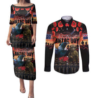 New Zealand ANZAC Day Couples Matching Puletasi and Long Sleeve Button Shirt Tui Bird and Kiwi Bird Soldier - Forever in My Thoughts LT03 Black - Polynesian Pride