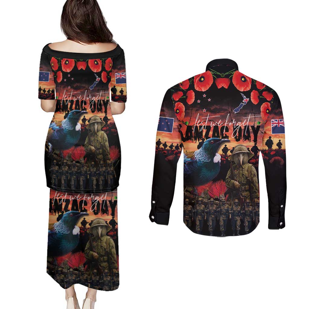 New Zealand ANZAC Day Couples Matching Puletasi and Long Sleeve Button Shirt Tui Bird and Kiwi Bird Soldier - Forever in My Thoughts LT03 - Polynesian Pride