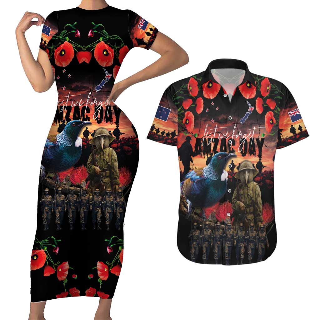 New Zealand ANZAC Day Couples Matching Short Sleeve Bodycon Dress and Hawaiian Shirt Tui Bird and Kiwi Bird Soldier - Forever in My Thoughts LT03 Black - Polynesian Pride