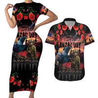 New Zealand ANZAC Day Couples Matching Short Sleeve Bodycon Dress and Hawaiian Shirt Tui Bird and Kiwi Bird Soldier - Forever in My Thoughts LT03 Black - Polynesian Pride