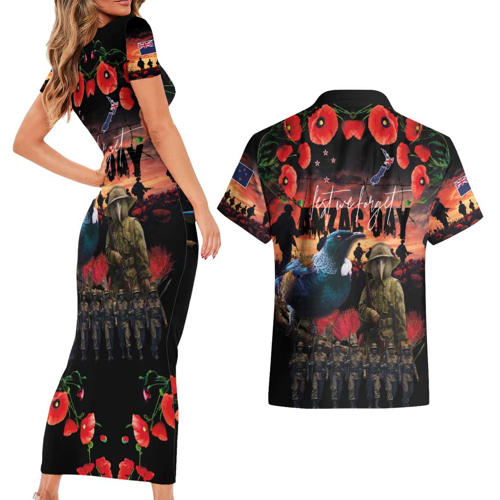 New Zealand ANZAC Day Couples Matching Short Sleeve Bodycon Dress and Hawaiian Shirt Tui Bird and Kiwi Bird Soldier - Forever in My Thoughts LT03 - Polynesian Pride