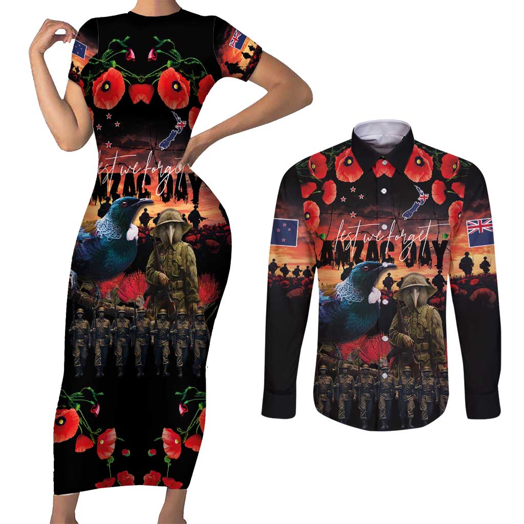 New Zealand ANZAC Day Couples Matching Short Sleeve Bodycon Dress and Long Sleeve Button Shirt Tui Bird and Kiwi Bird Soldier - Forever in My Thoughts LT03 Black - Polynesian Pride