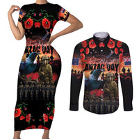 New Zealand ANZAC Day Couples Matching Short Sleeve Bodycon Dress and Long Sleeve Button Shirt Tui Bird and Kiwi Bird Soldier - Forever in My Thoughts LT03 Black - Polynesian Pride