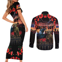 New Zealand ANZAC Day Couples Matching Short Sleeve Bodycon Dress and Long Sleeve Button Shirt Tui Bird and Kiwi Bird Soldier - Forever in My Thoughts LT03 - Polynesian Pride