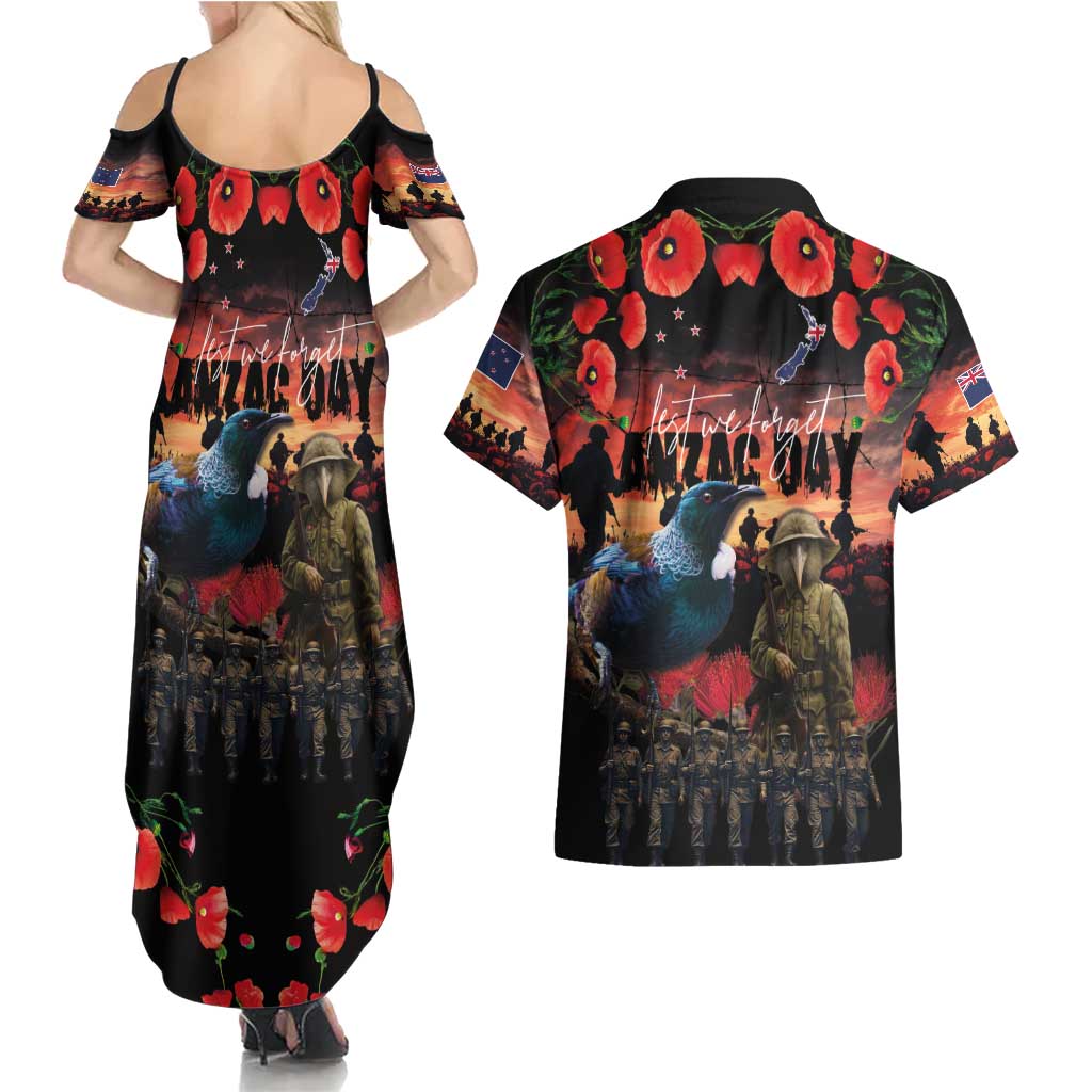 New Zealand ANZAC Day Couples Matching Summer Maxi Dress and Hawaiian Shirt Tui Bird and Kiwi Bird Soldier - Forever in My Thoughts LT03 - Polynesian Pride