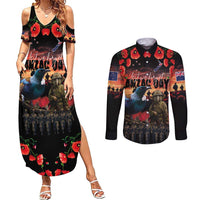 New Zealand ANZAC Day Couples Matching Summer Maxi Dress and Long Sleeve Button Shirt Tui Bird and Kiwi Bird Soldier - Forever in My Thoughts LT03 Black - Polynesian Pride