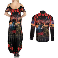 New Zealand ANZAC Day Couples Matching Summer Maxi Dress and Long Sleeve Button Shirt Tui Bird and Kiwi Bird Soldier - Forever in My Thoughts LT03 - Polynesian Pride