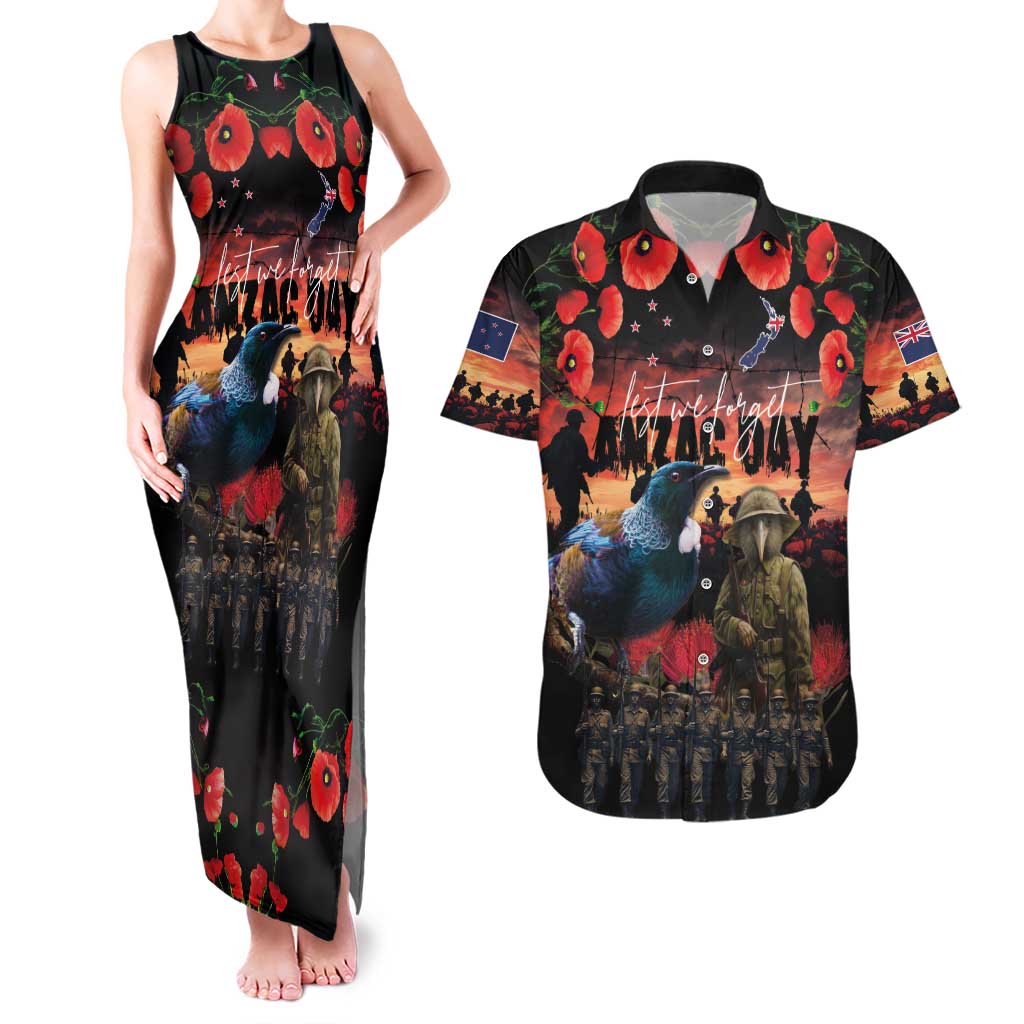 New Zealand ANZAC Day Couples Matching Tank Maxi Dress and Hawaiian Shirt Tui Bird and Kiwi Bird Soldier - Forever in My Thoughts LT03 Black - Polynesian Pride