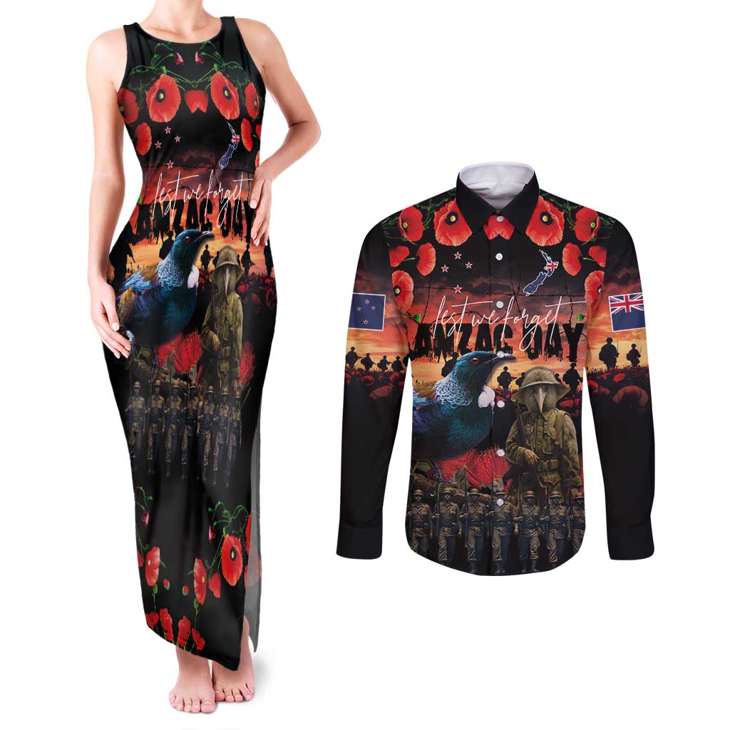 New Zealand ANZAC Day Couples Matching Tank Maxi Dress and Long Sleeve Button Shirt Tui Bird and Kiwi Bird Soldier - Forever in My Thoughts LT03 Black - Polynesian Pride