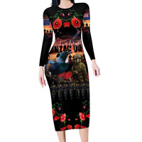 New Zealand ANZAC Day Family Matching Long Sleeve Bodycon Dress and Hawaiian Shirt Tui Bird and Kiwi Bird Soldier - Forever in My Thoughts LT03 Mom's Dress Black - Polynesian Pride