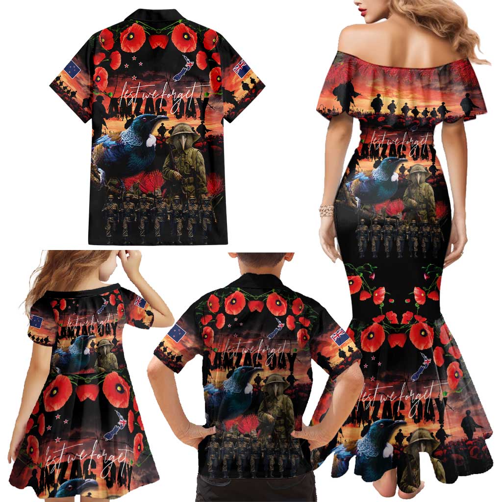 New Zealand ANZAC Day Family Matching Mermaid Dress and Hawaiian Shirt Tui Bird and Kiwi Bird Soldier - Forever in My Thoughts LT03 - Polynesian Pride