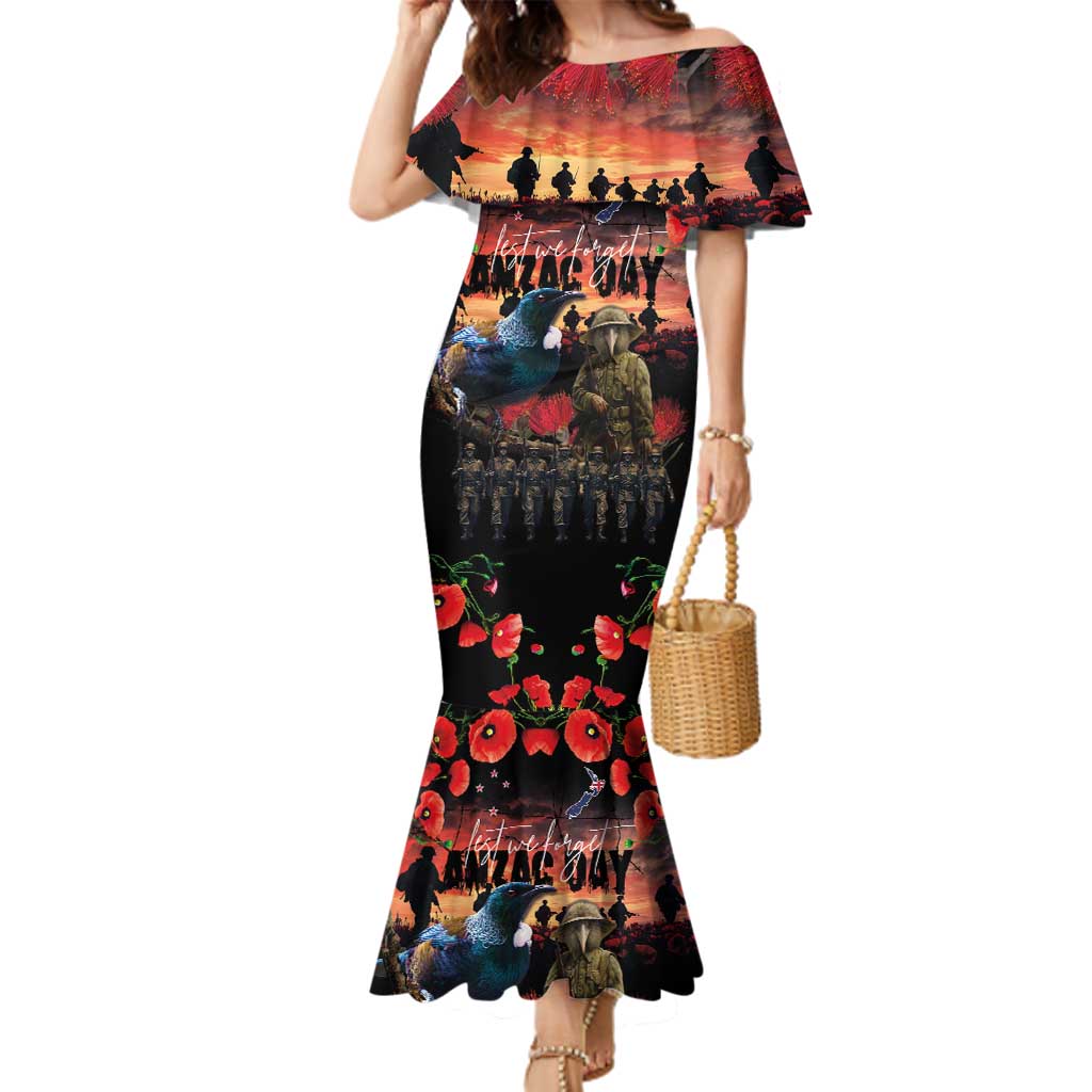 New Zealand ANZAC Day Family Matching Mermaid Dress and Hawaiian Shirt Tui Bird and Kiwi Bird Soldier - Forever in My Thoughts LT03 Mom's Dress Black - Polynesian Pride