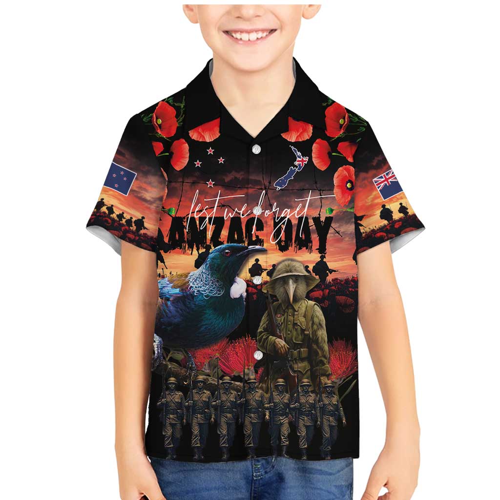 New Zealand ANZAC Day Family Matching Mermaid Dress and Hawaiian Shirt Tui Bird and Kiwi Bird Soldier - Forever in My Thoughts LT03 Son's Shirt Black - Polynesian Pride