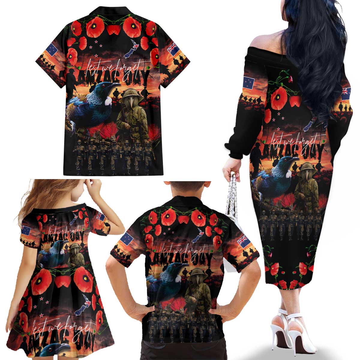 New Zealand ANZAC Day Family Matching Off The Shoulder Long Sleeve Dress and Hawaiian Shirt Tui Bird and Kiwi Bird Soldier - Forever in My Thoughts LT03 - Polynesian Pride
