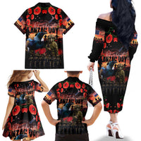 New Zealand ANZAC Day Family Matching Off The Shoulder Long Sleeve Dress and Hawaiian Shirt Tui Bird and Kiwi Bird Soldier - Forever in My Thoughts LT03 - Polynesian Pride