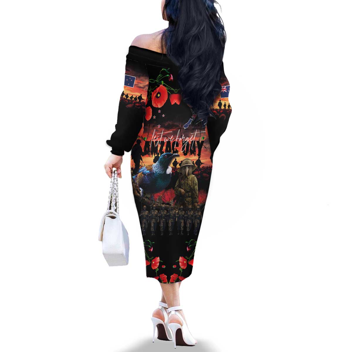 New Zealand ANZAC Day Family Matching Off The Shoulder Long Sleeve Dress and Hawaiian Shirt Tui Bird and Kiwi Bird Soldier - Forever in My Thoughts LT03 - Polynesian Pride