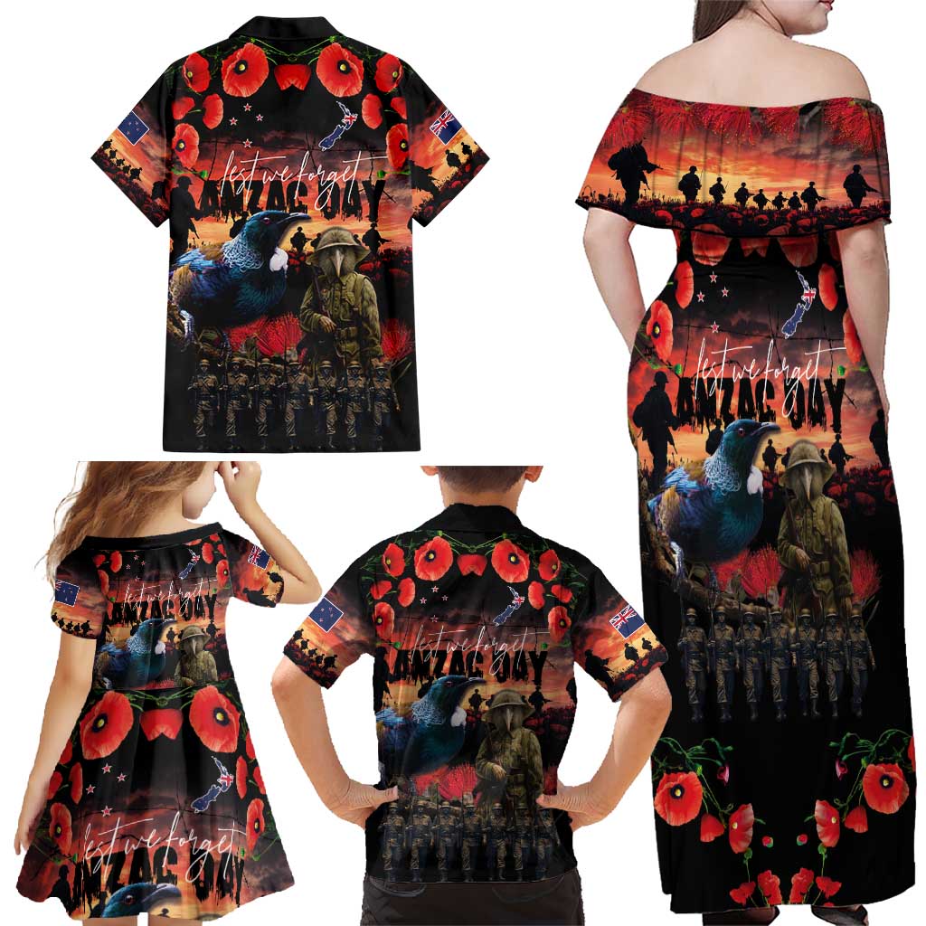 New Zealand ANZAC Day Family Matching Off Shoulder Maxi Dress and Hawaiian Shirt Tui Bird and Kiwi Bird Soldier - Forever in My Thoughts LT03 - Polynesian Pride