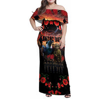 New Zealand ANZAC Day Family Matching Off Shoulder Maxi Dress and Hawaiian Shirt Tui Bird and Kiwi Bird Soldier - Forever in My Thoughts LT03 Mom's Dress Black - Polynesian Pride