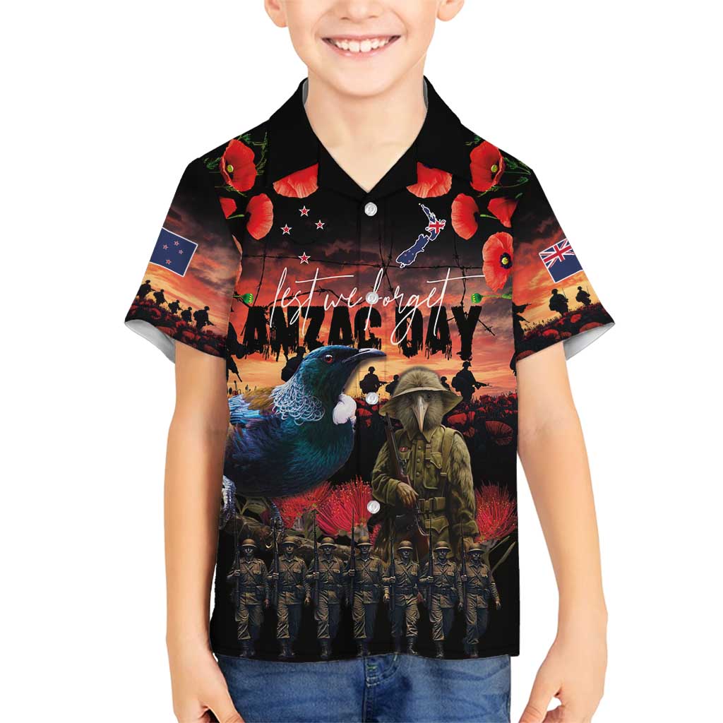New Zealand ANZAC Day Family Matching Off Shoulder Maxi Dress and Hawaiian Shirt Tui Bird and Kiwi Bird Soldier - Forever in My Thoughts LT03 Son's Shirt Black - Polynesian Pride
