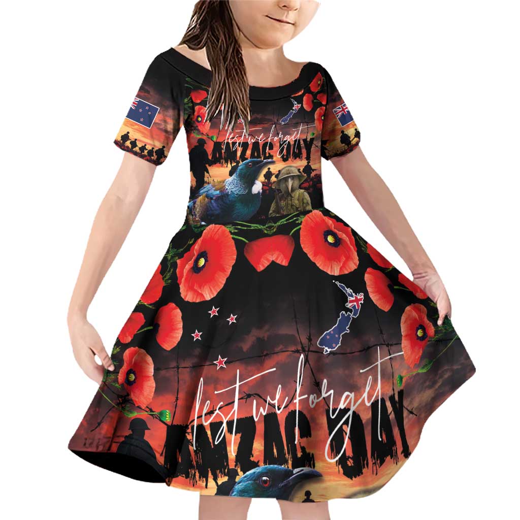 New Zealand ANZAC Day Family Matching Off Shoulder Short Dress and Hawaiian Shirt Tui Bird and Kiwi Bird Soldier - Forever in My Thoughts LT03 Daughter's Dress Black - Polynesian Pride