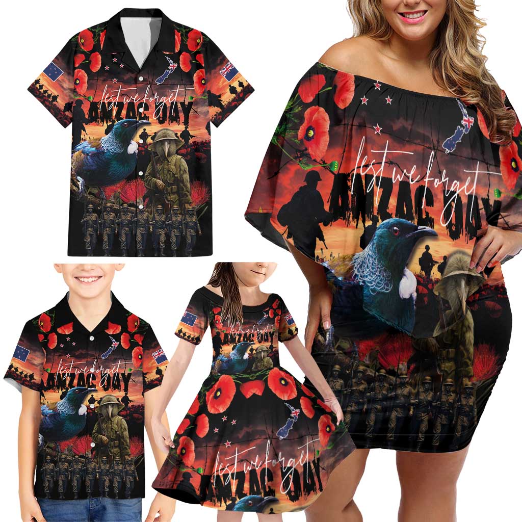 New Zealand ANZAC Day Family Matching Off Shoulder Short Dress and Hawaiian Shirt Tui Bird and Kiwi Bird Soldier - Forever in My Thoughts LT03 - Polynesian Pride