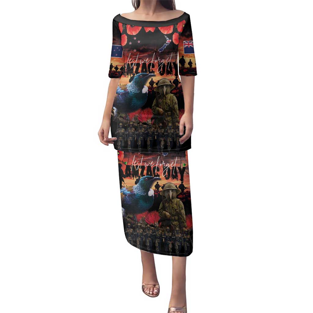 New Zealand ANZAC Day Family Matching Puletasi and Hawaiian Shirt Tui Bird and Kiwi Bird Soldier - Forever in My Thoughts LT03 Mom's Dress Black - Polynesian Pride