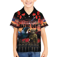 New Zealand ANZAC Day Family Matching Puletasi and Hawaiian Shirt Tui Bird and Kiwi Bird Soldier - Forever in My Thoughts LT03 Son's Shirt Black - Polynesian Pride