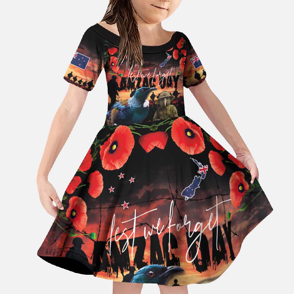New Zealand ANZAC Day Family Matching Short Sleeve Bodycon Dress and Hawaiian Shirt Tui Bird and Kiwi Bird Soldier - Forever in My Thoughts LT03 Daughter's Dress Black - Polynesian Pride