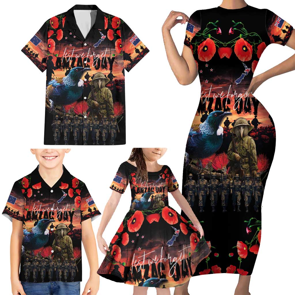 New Zealand ANZAC Day Family Matching Short Sleeve Bodycon Dress and Hawaiian Shirt Tui Bird and Kiwi Bird Soldier - Forever in My Thoughts LT03 - Polynesian Pride