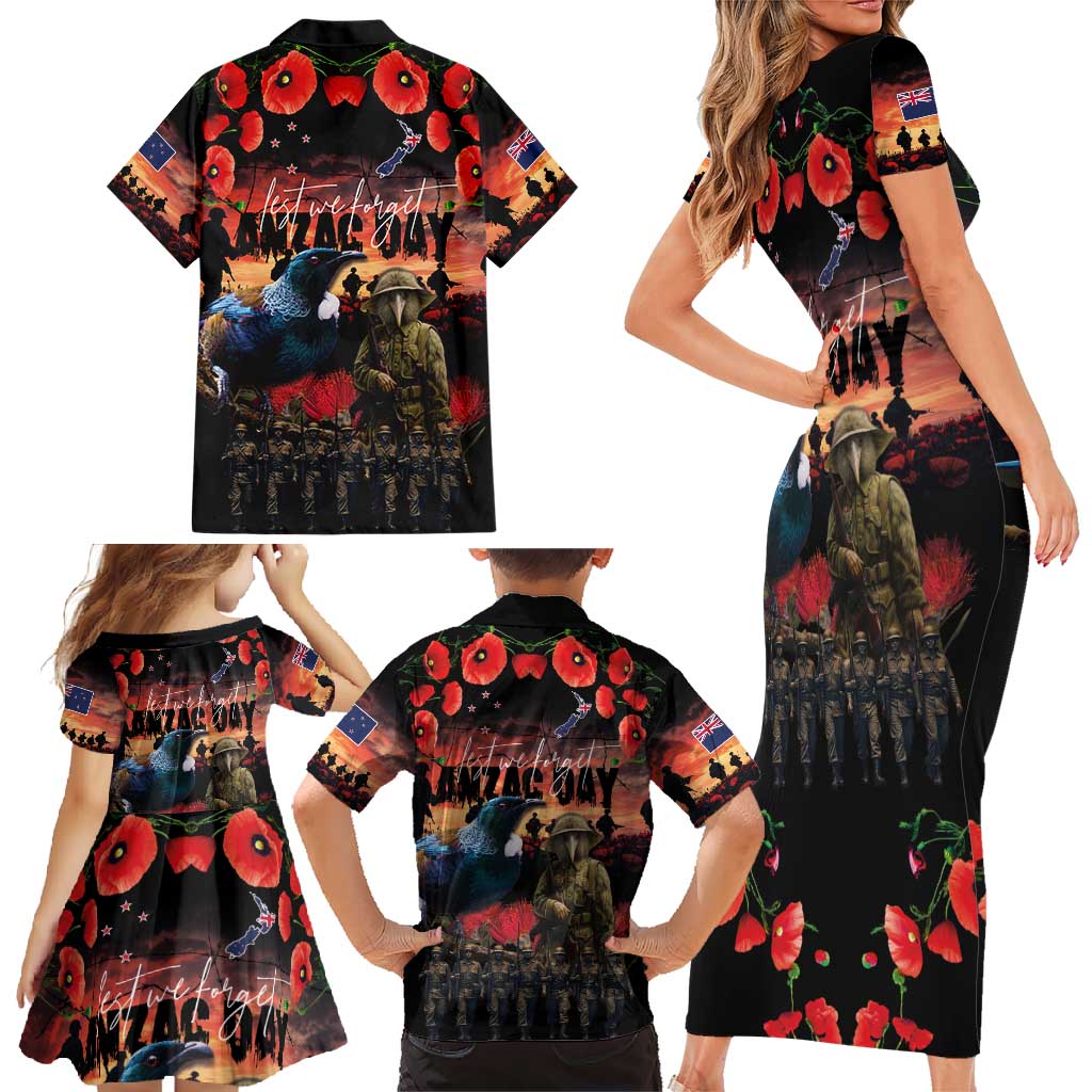 New Zealand ANZAC Day Family Matching Short Sleeve Bodycon Dress and Hawaiian Shirt Tui Bird and Kiwi Bird Soldier - Forever in My Thoughts LT03 - Polynesian Pride