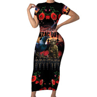New Zealand ANZAC Day Family Matching Short Sleeve Bodycon Dress and Hawaiian Shirt Tui Bird and Kiwi Bird Soldier - Forever in My Thoughts LT03 Mom's Dress Black - Polynesian Pride