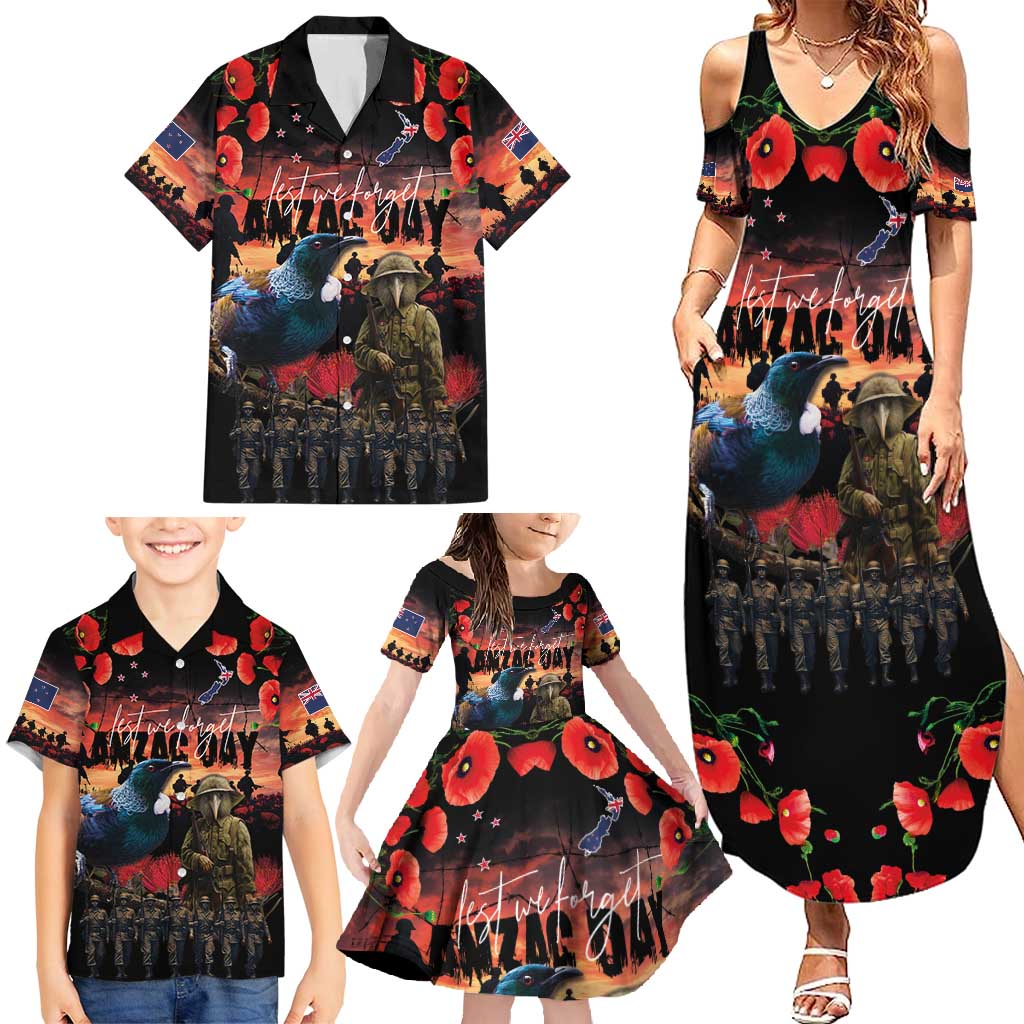 New Zealand ANZAC Day Family Matching Summer Maxi Dress and Hawaiian Shirt Tui Bird and Kiwi Bird Soldier - Forever in My Thoughts LT03 - Polynesian Pride