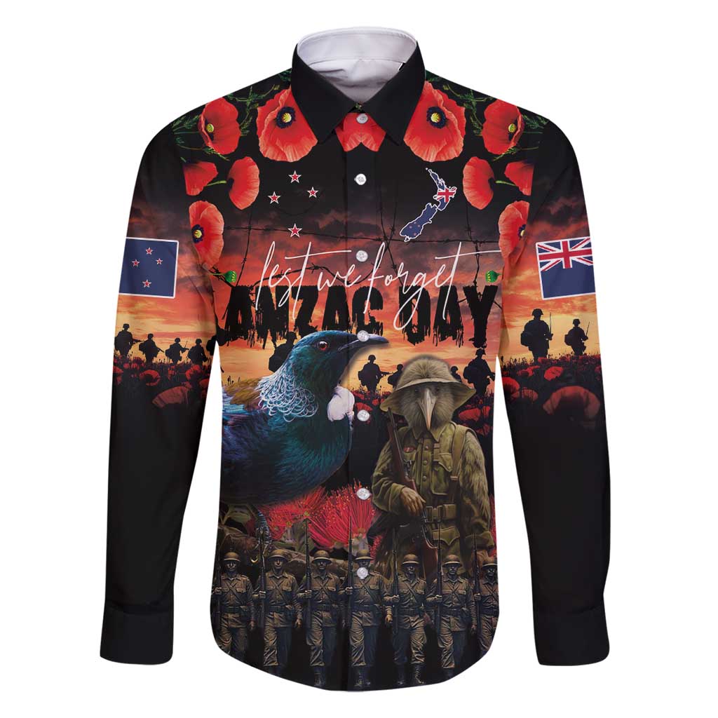 New Zealand ANZAC Day Family Matching Summer Maxi Dress and Hawaiian Shirt Tui Bird and Kiwi Bird Soldier - Forever in My Thoughts LT03 Dad's Shirt - Long Sleeve Black - Polynesian Pride