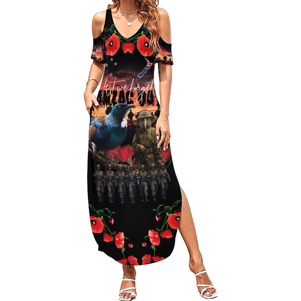 New Zealand ANZAC Day Family Matching Summer Maxi Dress and Hawaiian Shirt Tui Bird and Kiwi Bird Soldier - Forever in My Thoughts LT03 Mom's Dress Black - Polynesian Pride