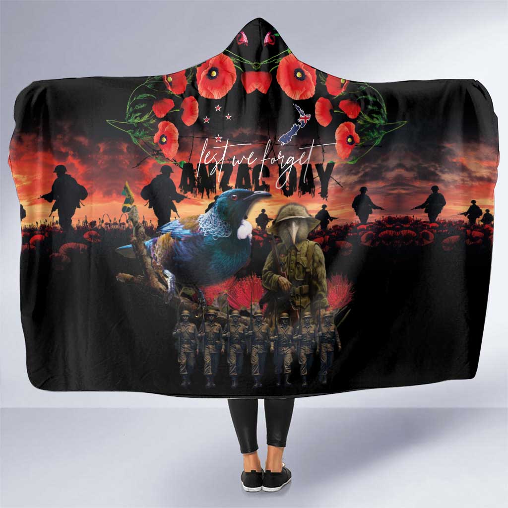 New Zealand ANZAC Day Hooded Blanket Tui Bird and Kiwi Bird Soldier - Forever in My Thoughts LT03 One Size Black - Polynesian Pride