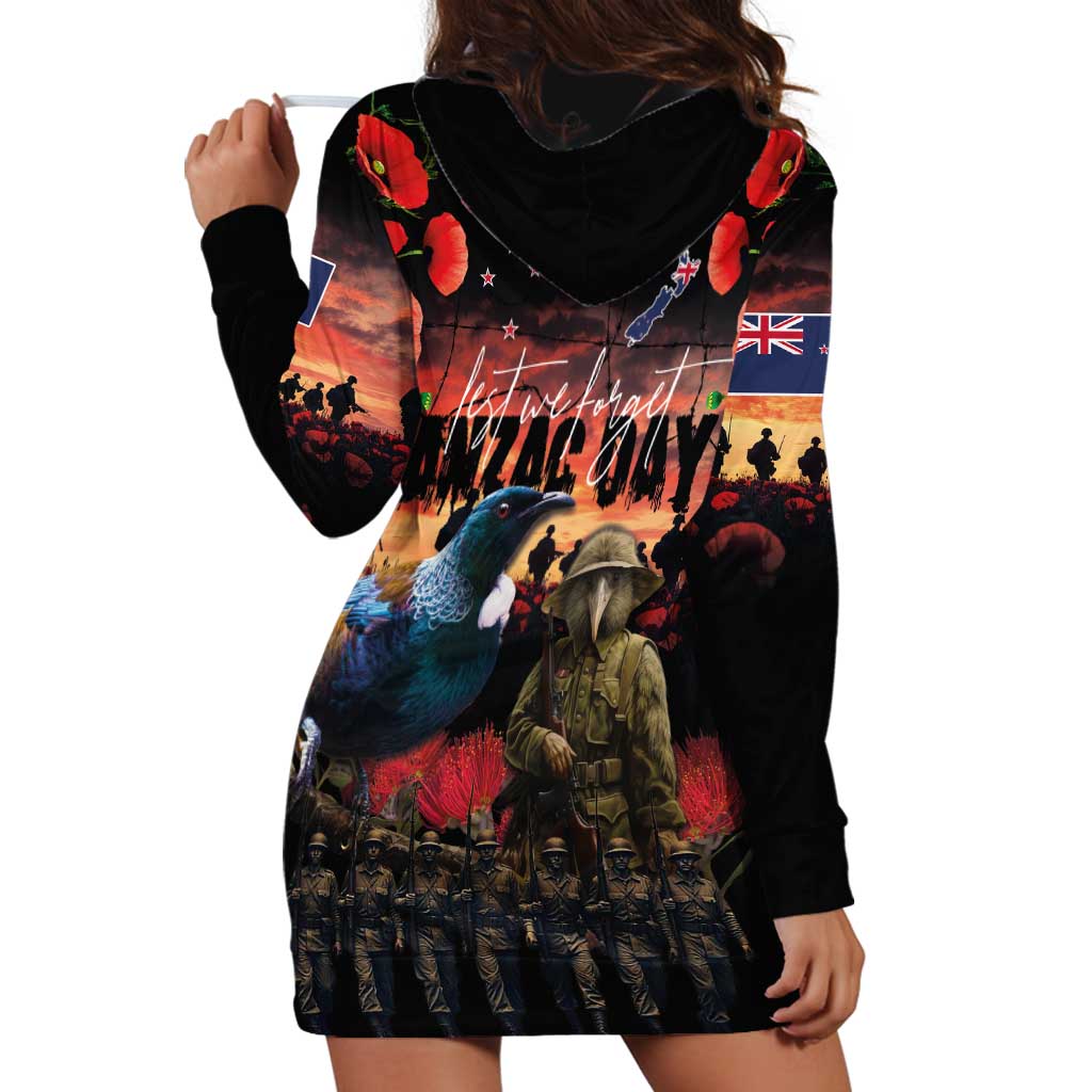 New Zealand ANZAC Day Hoodie Dress Tui Bird and Kiwi Bird Soldier - Forever in My Thoughts LT03 - Polynesian Pride