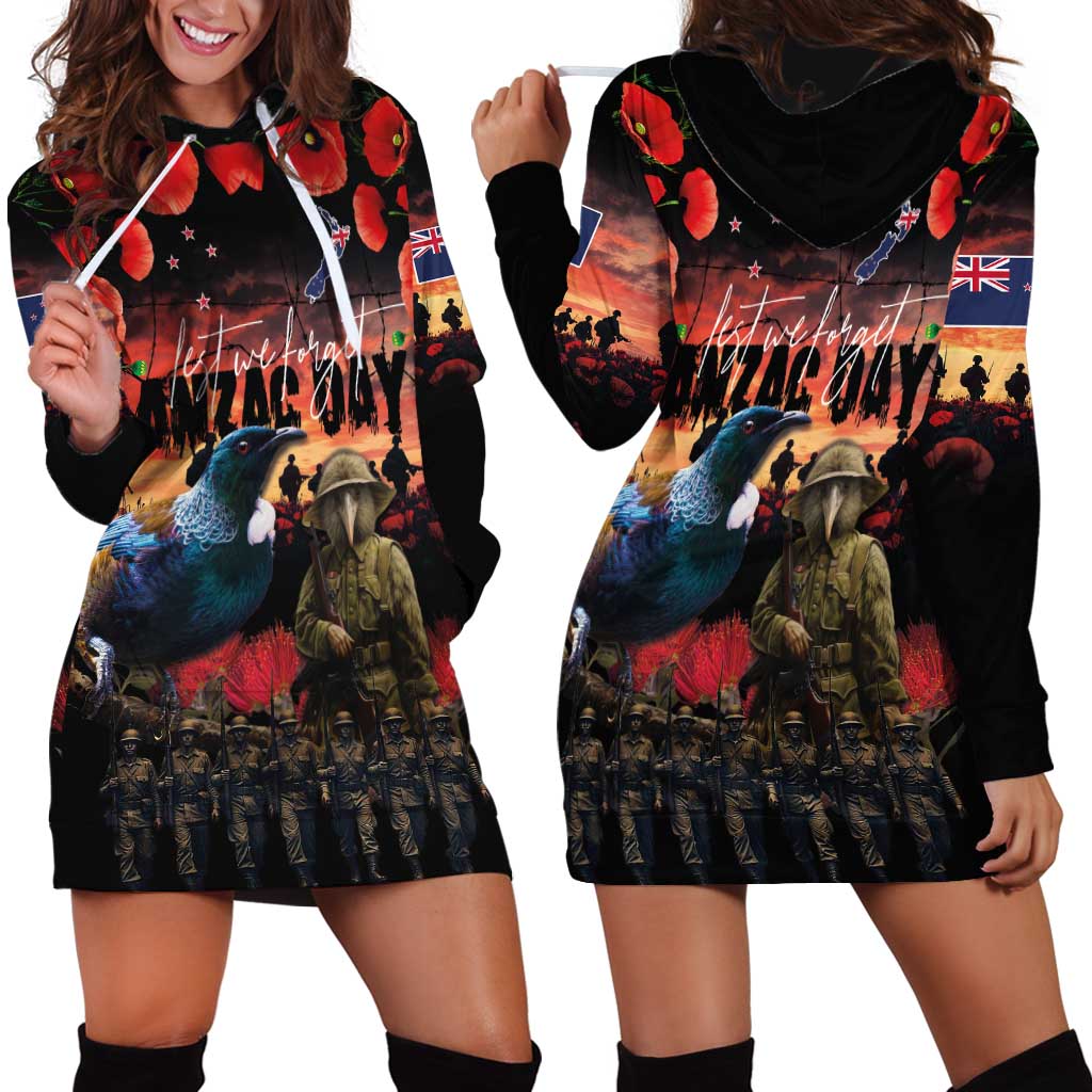 New Zealand ANZAC Day Hoodie Dress Tui Bird and Kiwi Bird Soldier - Forever in My Thoughts LT03 - Polynesian Pride