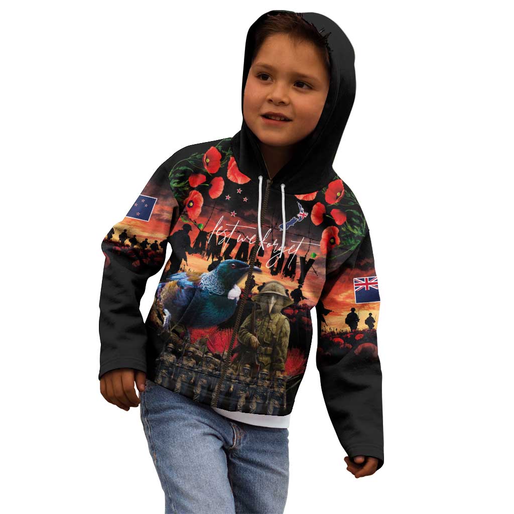 New Zealand ANZAC Day Kid Hoodie Tui Bird and Kiwi Bird Soldier - Forever in My Thoughts LT03 - Polynesian Pride