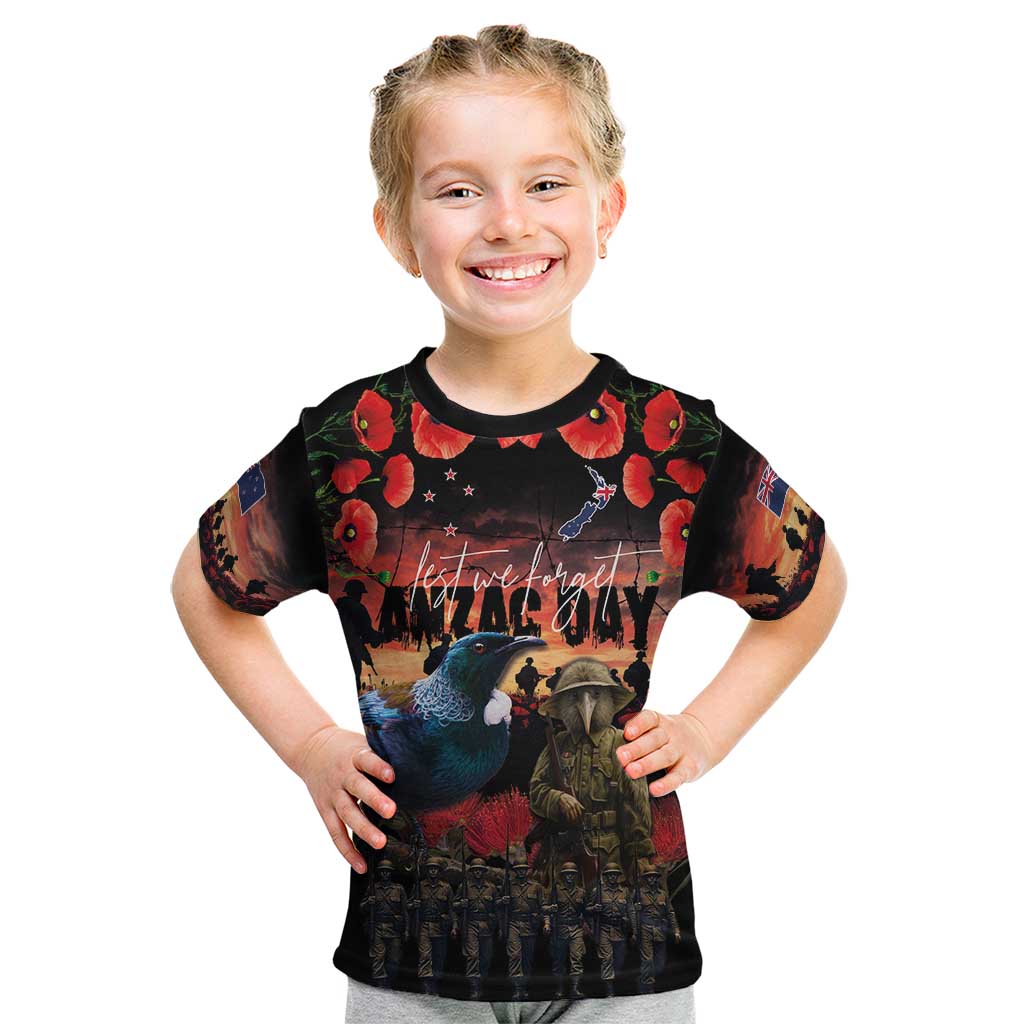 New Zealand ANZAC Day Kid T Shirt Tui Bird and Kiwi Bird Soldier - Forever in My Thoughts LT03 Black - Polynesian Pride