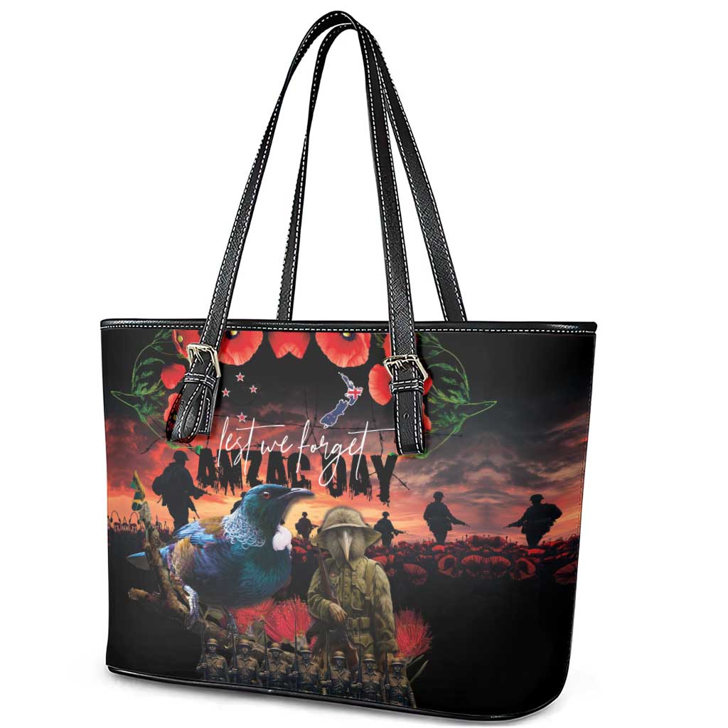New Zealand ANZAC Day Leather Tote Bag Tui Bird and Kiwi Bird Soldier - Forever in My Thoughts LT03 - Polynesian Pride