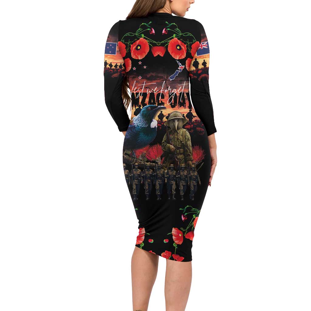 New Zealand ANZAC Day Long Sleeve Bodycon Dress Tui Bird and Kiwi Bird Soldier - Forever in My Thoughts LT03 - Polynesian Pride