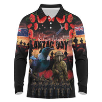 New Zealand ANZAC Day Long Sleeve Polo Shirt Tui Bird and Kiwi Bird Soldier - Forever in My Thoughts LT03 Black - Polynesian Pride