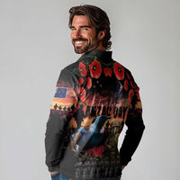 New Zealand ANZAC Day Long Sleeve Polo Shirt Tui Bird and Kiwi Bird Soldier - Forever in My Thoughts LT03 - Polynesian Pride