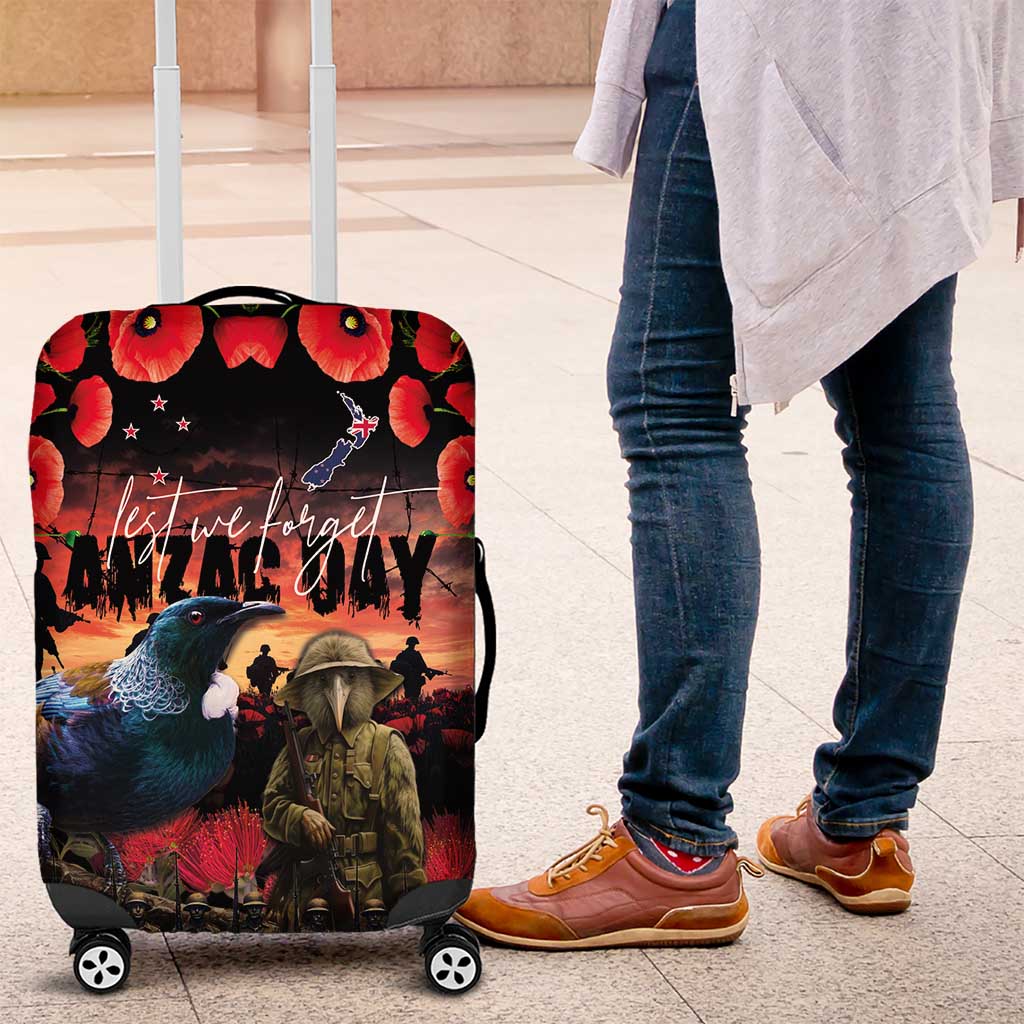 New Zealand ANZAC Day Luggage Cover Tui Bird and Kiwi Bird Soldier - Forever in My Thoughts LT03 Black - Polynesian Pride