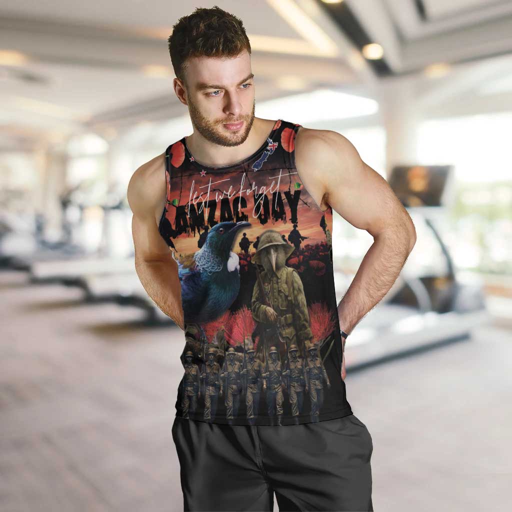 New Zealand ANZAC Day Men Tank Top Tui Bird and Kiwi Bird Soldier - Forever in My Thoughts LT03 Black - Polynesian Pride