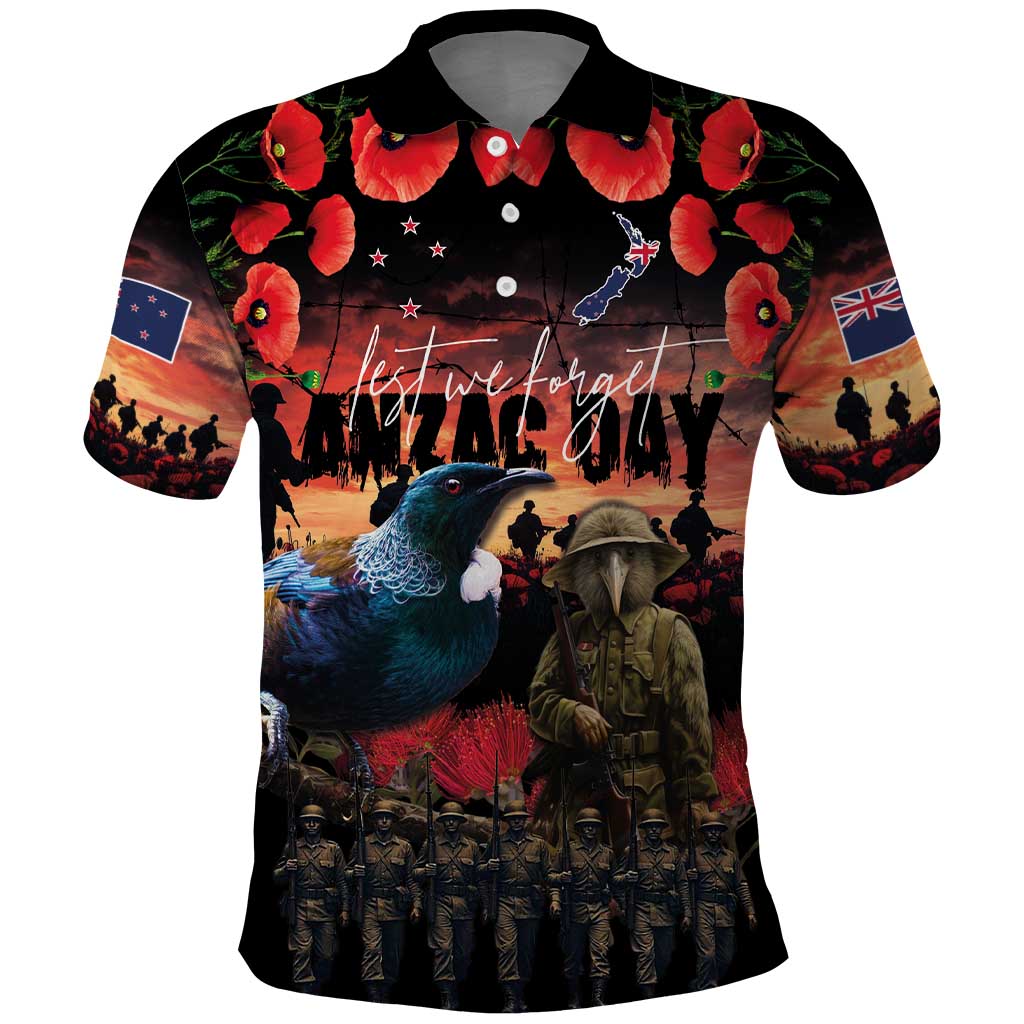 New Zealand ANZAC Day Polo Shirt Tui Bird and Kiwi Bird Soldier - Forever in My Thoughts LT03 Black - Polynesian Pride