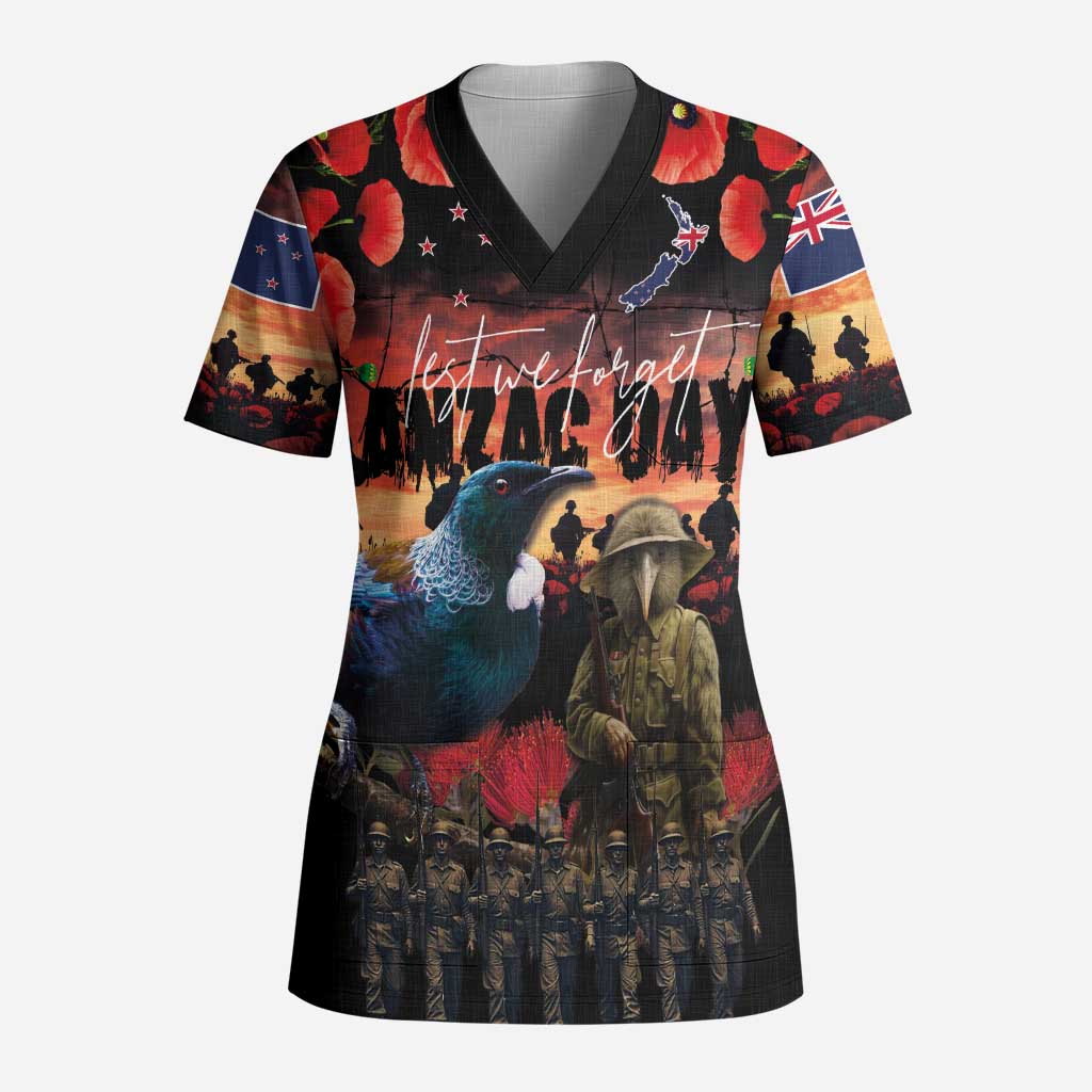 New Zealand ANZAC Day Scrub Top Tui Bird and Kiwi Bird Soldier - Forever in My Thoughts - Polynesian Pride